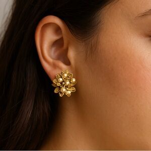 1950s Floral Cluster Drop Earrings — Gold-Tone Filigree & Faux Pearls, Pierced